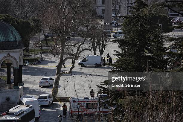 Ambulances and police were despatched to the blast site after an explosion in the central Istanbul Sultanahmet district on January 12, 2016 in...