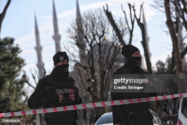 Turkish police secure the area after an explosion in the central Istanbul Sultanahmet district on January 12, 2016 in Istanbul, Turkey. At least 10...