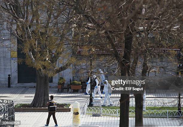 Emergency services attend the scene after an explosion in the central Istanbul Sultanahmet district on January 12, 2016 in Istanbul, Turkey. At least...