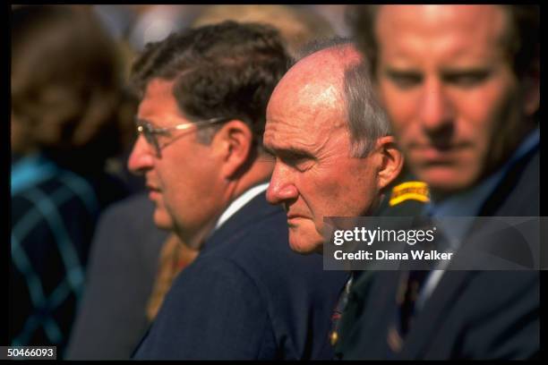 Aides Richard Haass & Brent Scowcroft of NSC & Chief of Staff John Sununu, during arrival fete for King of Morocco.