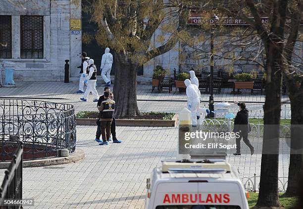 Emergency services attend the scene after an explosion in the central Istanbul Sultanahmet district on January 12, 2016 in Istanbul, Turkey. At least...