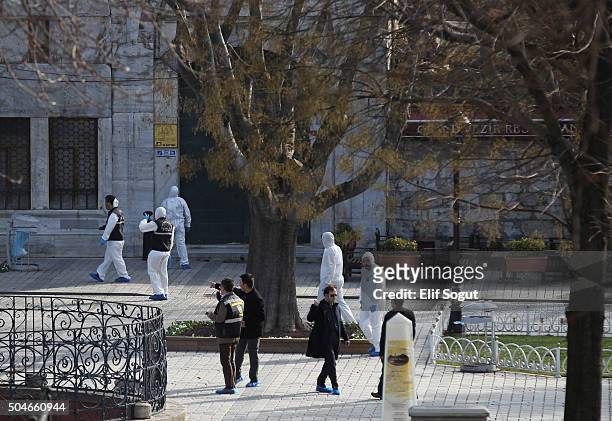 Emergency services attend the scene after an explosion in the central Istanbul Sultanahmet district on January 12, 2016 in Istanbul, Turkey. At least...