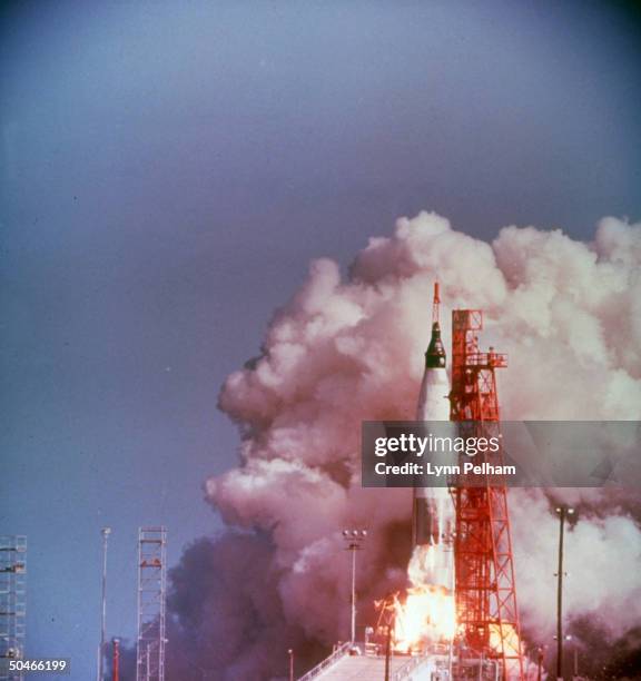 Lift-off of Project Mercury capsule Friendship 7 carrying astronaut John Glenn in 1st Amer. Manned orbital space flight.