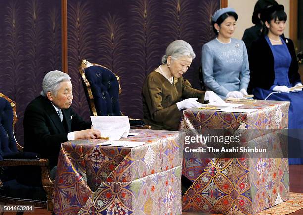 Emperor Akihito, Empress Michiko and other royal family members attend the 'Kosho-Hajime-no-Gi' or first lecture of the year, at the Imperial Palace...