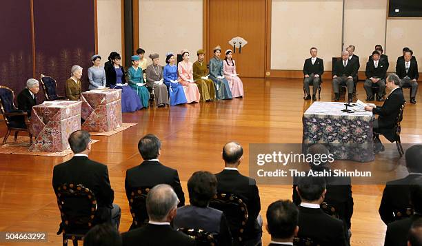 Emperor Akihito, Empress Michiko and other royal family members attend the 'Kosho-Hajime-no-Gi' or first lecture of the year, at the Imperial Palace...