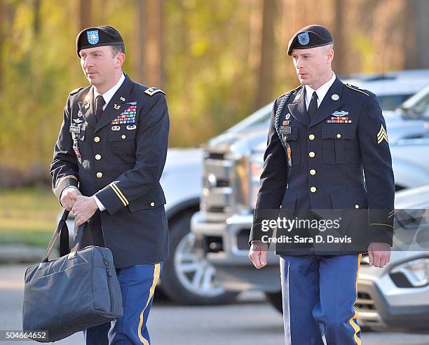 Army Sgt. Robert Bowdrie "Bowe" Bergdahl, 29 of Hailey, Idaho, arrives at the Ft. Bragg military courthouse with his attorney Lt. Col. Franklin...