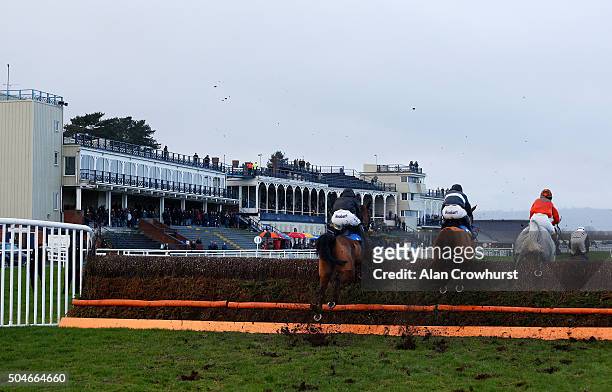 General view as runners cler the fence in front of the grandstands at Ludlow racecourse on January 12, 2016 in Ludlow, England.