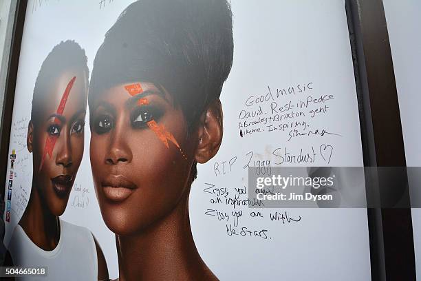 Tributes are paid to the late David Bowie at a mural in South London, on January 12, 2016 in London, England. British music and fashion icon David...