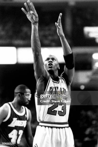 Chicago Bulls' star Michael Jordan shooting a freethrow during NBA championship basketball game between the Bulls & the L.A. Lakers at Chicago...