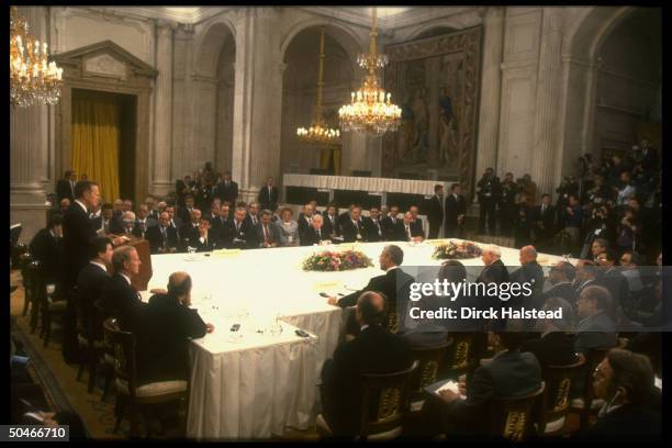 Mideast peace conf. W. Bush heading table, w. Counter clockwise fr. L Pankin, Baker, van den Broek, Abu-Jaber, Abdel Shafi, Al-Sharaa, Bouez, Shamir...