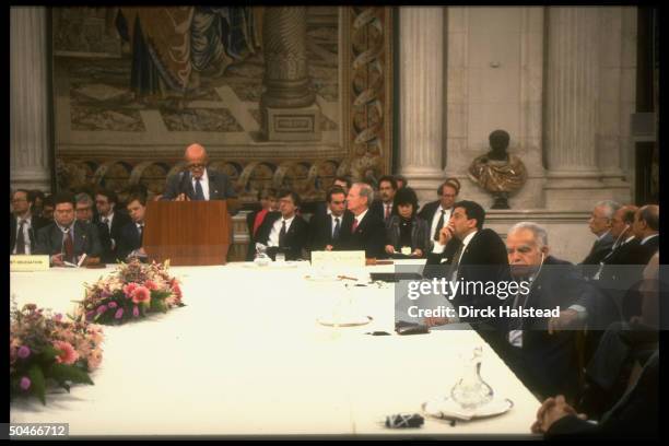 Palestinian ldr. Haidar Abdel Shafi addressing Mideast peace conf., w. Shamir, Moussa, Baker & Pankin listening.