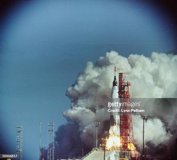 Lift-off of Project Mercury capsule Friendship 7 carrying astronaut John Glenn in 1st Amer. Manned orbital space flight.