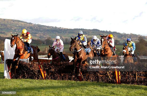 General view as runners clear a flight of hurdles at Ludlow racecourse on January 12, 2016 in Ludlow, England.