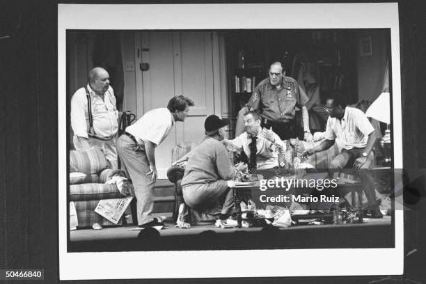 Actor Tony Randall as Felix Unger being consoled by actor Jack Klugman as Oscar Madison as actors Jack Weston, Martin Sheen, Abe Vigoda & Cleavon...