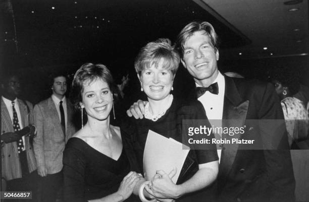 Actor Peter Bergman standing w. Wife & actress Lisa Brown at 18th annual Daytime Emmy Awards.
