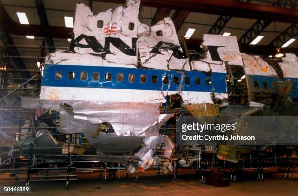 Justice Department reconstruction of the bombed Pan Am Boeing 747 after the bombing of flight 103 over Lockerbie, 1988. Re indictment of 2 Libyans in...