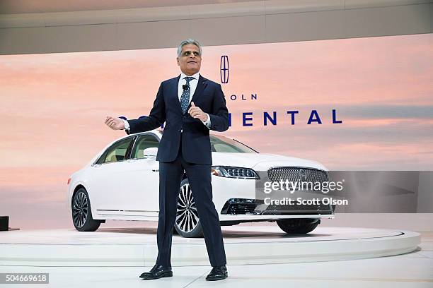 Kumar Galhotra, president of Lincoln, introduces the 2017 Continental at the North American International Auto Show on January 12, 2016 in Detroit,...