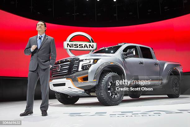 Jose Munoz, executive vice president of Nissan, introduces the Titan Warrior concept pickup truck at the North American International Auto Show on...