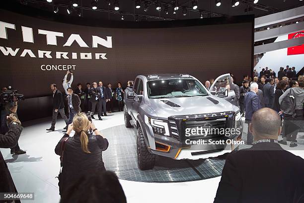 Nissan introduces the Titan Warrior concept pickup truck at the North American International Auto Show on January 12, 2016 in Detroit, Michigan. The...