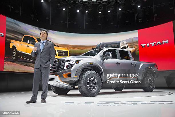 Jose Munoz, executive vice president of Nissan, introduces the Titan Warrior concept pickup truck at the North American International Auto Show on...