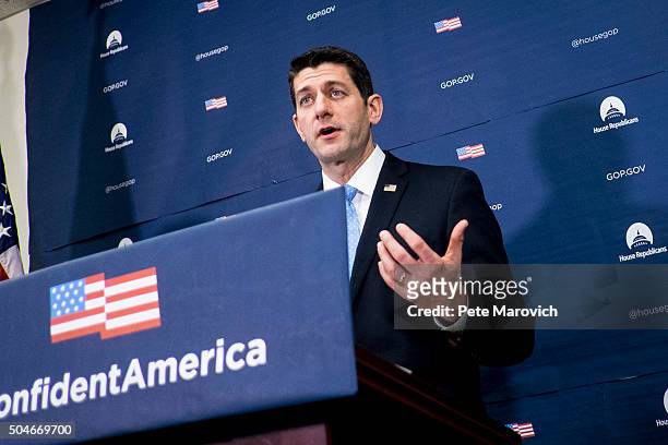 Speaker of the House Paul Ryan talks to reporters following the weekly House GOP Conference meeting at the U.S. Capitol on January 12, 2016 in...