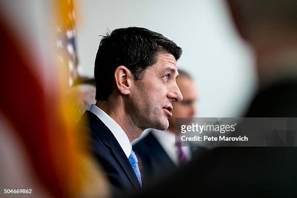 Speaker of the House Paul Ryan talks to reporters following the weekly House GOP Conference meeting at the U.S. Capitol on January 12, 2016 in...