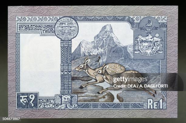 Rupee banknote, 1970-1979, reverse, Mount Ama Dablam and Alpine Musk Deer . Nepal, 20th century.