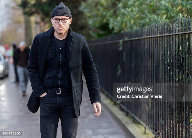 Guest before the Burberry Prorsum show during London Collections Men AW16 on January 11, 2016 in London, England.