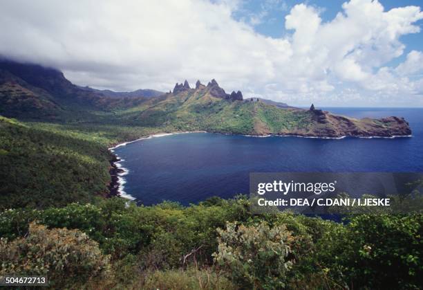 Aerial view of Aakapa Bay, Nuku Hiva, Marquesas Islands, French Polynesia, Overseas Territory of France.