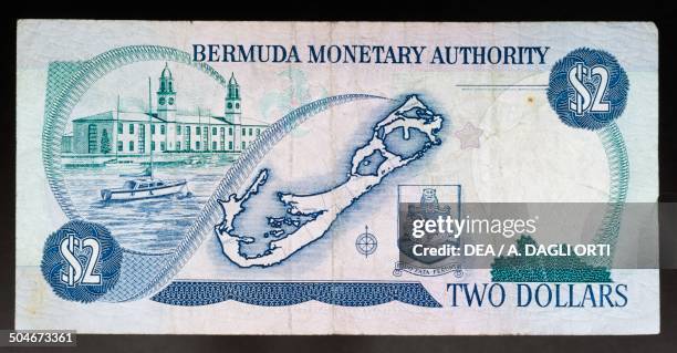 Dollars banknote reverse, map of Bermuda. Bermuda, 20th century.
