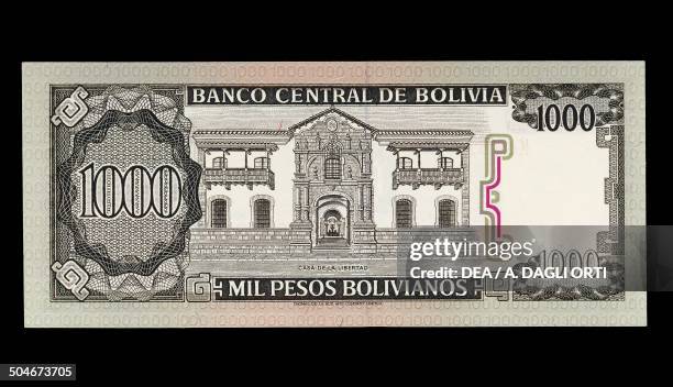 Pesos banknote reverse, la Casa de la Libertad in Sucre. Bolivia, 20th century.