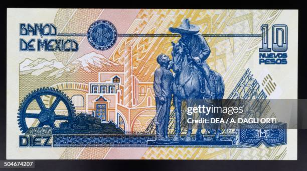 Nuevos pesos banknote reverse, statue of Emiliano Zapata in Cautla. Mexico, 20th century.