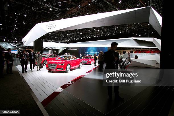 The Audi exhibit is shown at the 2016 North American International Auto Show January 12th, 2016 in Detroit, Michigan. The NAIAS runs from January...