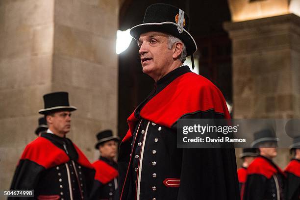 Catalan Polices officers, Mossos d'Esquadra, in full dress uniform stand guard at the Generalitat Palace, house of the Catalan government, on January...