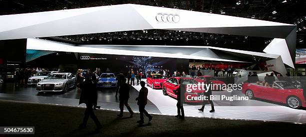 The Audi exhibit is shown at the 2016 North American International Auto Show January 12, 2016 in Detroit, Michigan. The NAIAS runs from January 11th...