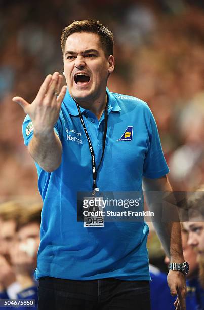 Aron Kristjansson, head coach of Iceland gestures during the international handball friendley match between Germany and Iceland at the TUI arena on...