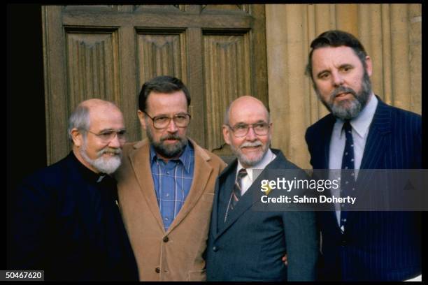 Anglican hostage negotiator Terry Waite standing with former hostages Rev. Ben Weir, David Jacobsen and Rev. Lawrence Jenco.