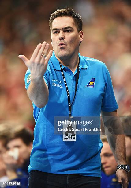 Aron Kristjansson, head coach of Iceland gestures during the international handball friendley match between Germany and Iceland at the TUI arena on...