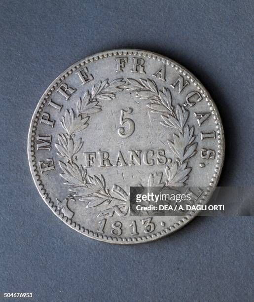 Silver 5 French francs minted by Genoa Mint during the Napoleonic occupation, reverse. Genoa, 19th century. Padova, Musei Civici Eremitani, Palazzo...