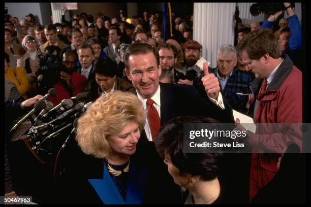 Conservative Repub. Columnist/ pundit Pat & Shelley Buchanan giving thumbs-up, announcing his presidential candidacy, framed by supporters et al.