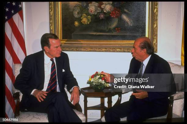 Pres. Bush mtg. W. Pres. Carlos Andres Perez of Venezuela at Waldorf, among whirlwind of of powwows w. World ldrs. Attending UN Security Council...