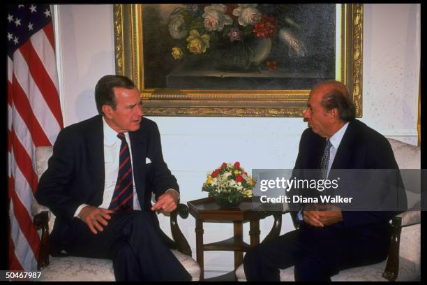 Pres. Bush mtg. W. Pres. Carlos Andres Perez of Venezuela at Waldorf, among whirlwind of of powwows w. World ldrs. Attending UN Security Council...