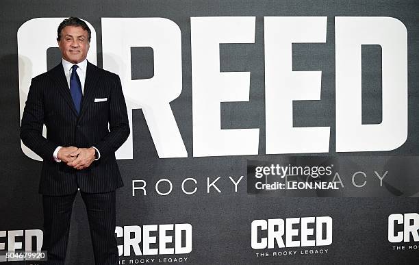 Actor Sylvester Stallone poses on arrival for the European premiere of Creed in London on January 12, 2016. AFP PHOTO / LEON NEAL / AFP / LEON NEAL