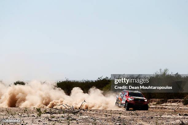 Giniel De Villiers of South Africa and Dirk Von Zitzewitz of Germany in the TOYOTA HILUX for TOYOTA GAZOO RACING compete on day 10 stage 9 during the...