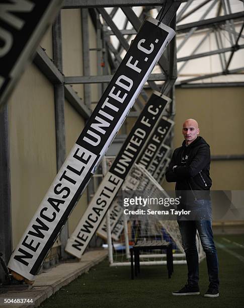 Newcastle's second January signing Jonjo Shelvey poses for photos in the indoor tent at The Newcastle United Training Centre on January 12 in...