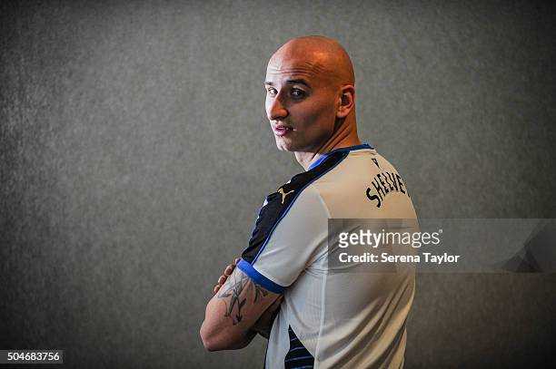 Newcastle's second January signing Jonjo Shelvey poses for photographs at The Newcastle United Training Centre on January 12 in Newcastle upon Tyne,...
