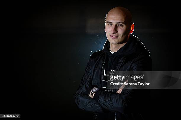 Newcastle's second January signing Jonjo Shelvey poses for photographs at The Newcastle United Training Centre on January 12 in Newcastle upon Tyne,...