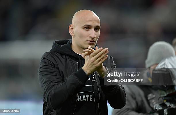 Newcastle United's new signing English midfielder Jonjo Shelvey is introduced to the crowd ahead of the English Premier League football match between...