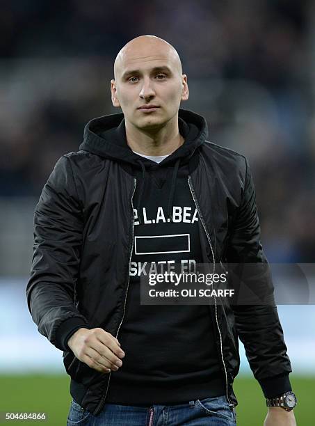 Newcastle United's new signing English midfielder Jonjo Shelvey is introduced to the crowd ahead of the English Premier League football match between...