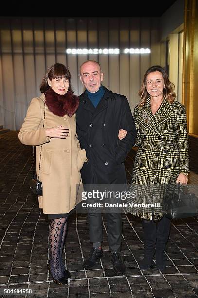 Paola Manfrin, Ivan Rota and guest attend the opening 'Flesh, Mind and Spirit' at Fondazione Prada on January 12, 2016 in Milan, Italy.